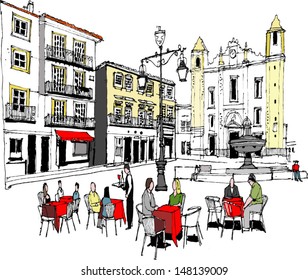 Vector illustration of outdoor diners in city square, Evora, Portugal