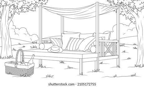 Vector illustration, outdoor picnic gazebo, coloring book
picnic in nature