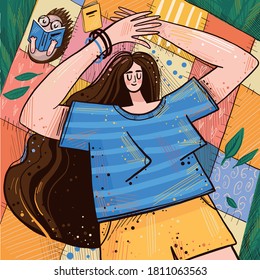 Vector illustration of outdoor recreation. Hedgehog and girl read books, study online, engage in self-development and manage their time. Postcard, advertising banner for online activities