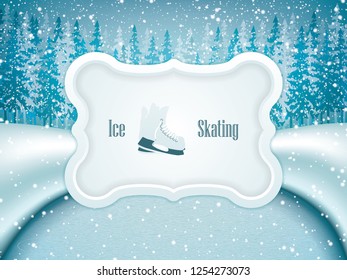 Vector illustration of outdoor skating rink.Winter landscape with frozen lake in forest