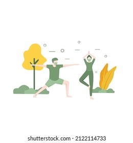 Vector Illustration Outdoor Sport Activity concept. couple Characters in Medical Masks doing sport on Nature Landscape during Covid 19 Pandemic. Jogging and Sport Healthy Lifestyle. flat design style.