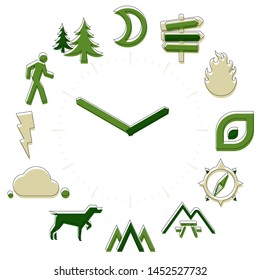 Vector illustration. Outdoor time. Activities icons in a watch sphere with hours.