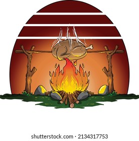 a vector illustration of outdoor turkey roasting while camping