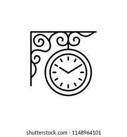 Vector illustration of outdoor wall hanging clock. Line icon of vintage round garden clock with forged decor. Isolated object on white background. Front view.