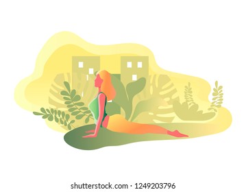 Vector illustration of Outdoors exercises poster in a flat style. Female woman doing her yoga workout in park. Girl wearing sportswear and yoga pants.