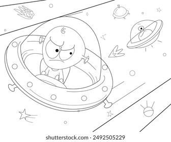 A vector illustration of Outer Space Aliens UFO Outline Coloring Page 