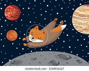 Vector illustration with outer space. Cute template with space fox astronaut, stars, moon, planets, and galaxy. Design for website, stationery, clothes, textiles, wallpapers, and nursery.