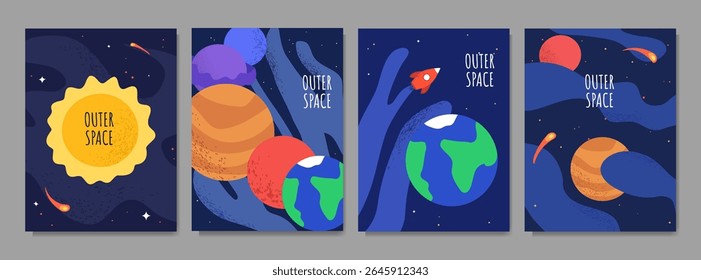 Vector illustration. Outer space drawn background. Space exploration concept in childish style. Modern art graphics. Design elements for poster, book cover, layout, postcard, magazine, flyer