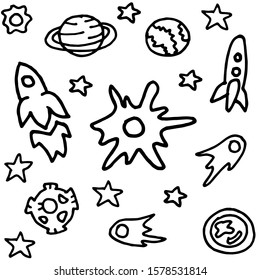 Vector illustration of Outer Space. Hand drawn doodle style. Comet, rocket, stars, planets, meteor. Isolated on white background