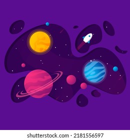 Vector illustration of outer space, interstellar travels, universe and distant galaxies, solar system, and spaceship. Background 