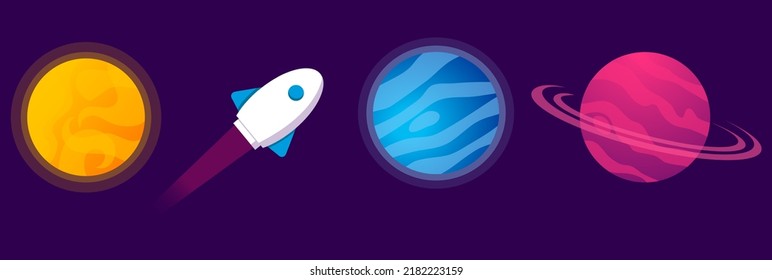 Vector illustration of outer space, interstellar travels, universe and distant galaxies, solar system, and spaceship. Background 