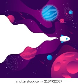 Vector illustration of outer space, interstellar travels, universe and distant galaxies, solar system, and spaceship. Background 