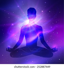 Vector illustration of outer space and meditating male silhouette..