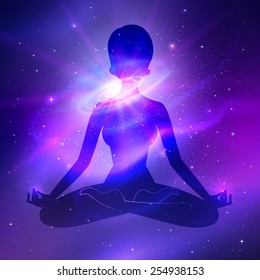 Vector illustration of outer space and meditating female silhouette.