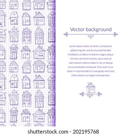 Vector illustration outine houses in cartoon style on notebook sheet background with vertical place for text