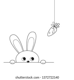 Vector illustration of outline adorable peeking rabbit looking at hanging carrot, isolated on white background 