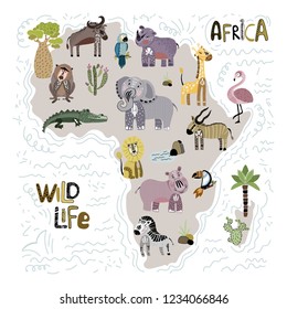 Vector illustration with outline of Africa and African animals, stylized map, lettering, flat hand drawing. Scandinavian style. poster for children's room or nursery, print for t-shirt, cards