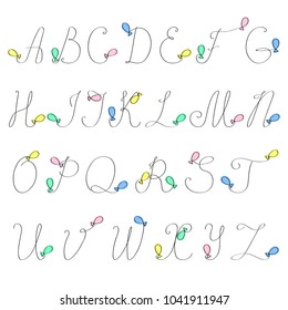 Vector illustration of outline Alphabet, letters are formed by a tape from air balloon. Hand drawn abc poster. Party calligraphy type. Lettering and custom typography for design of logo, print, card.