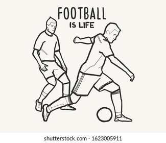 vector illustration, outline. athletes football players play ball, competition, game, championship. Illustration for logo, sticker, poster, form. Football