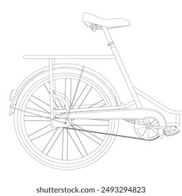 Ilustración vectorial del contorno de la parte trasera de una bicicleta de líneas negras aisladas sobre un fondo blanco. Vista lateral.