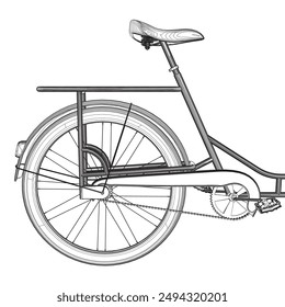 Ilustración vectorial del contorno de la parte trasera de una bicicleta de líneas negras aisladas sobre un fondo blanco. Vista lateral.