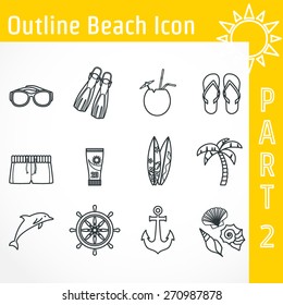 Vector Illustration of Outline Beach Icon for Design, Website, Background, Banner. Tourism Infographic Silhouette Element. Travel Sun and Sea Resort Template. Sunglasses, surf, palm tree, flip flop