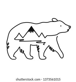 Vector illustration with outline bear and mountain landscape. Doodle apparel print design with wild animal, outdoor label template