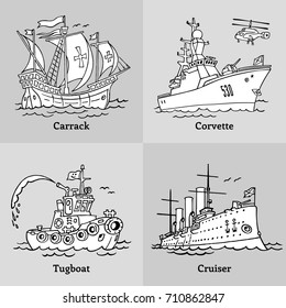 Vector illustration of outline boats. Coloring book with ships. Carrack, tugboat, cruiser and corvette.