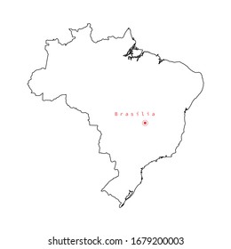 Vector illustration of outline Brazil map with capital city Brasília. 