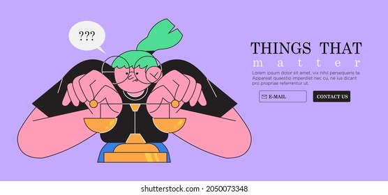 Vector illustration in outline cartoon style of woman with weighing dishes of balance scale. Work life balance concept banner. Process of making important decisions, choosing what matter in business.