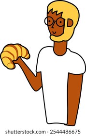 Vector illustration in outline cartoon style. Colorful cartoon character holding a croissant, a traditional French bakery. Bread festival