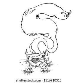 Vector Illustration - outline cat. Happy . angry doodle character  witch familiar. Helloween stickers, post card, flyer for party. Evil mammal. Wtch pet familiar. 