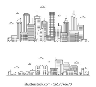 Vector illustration of outline city landscape. Urban and rural life with  skyline city office buildings, skyscraper, trees, factory, windmill. Сity panorama on white background. Downtown landscape.