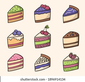 ilustración vectorial con colección de contorno de pasteles de diferentes colores