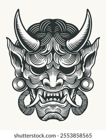 vector illustration outline color engraving japanese devil oni mask hanya mask face red