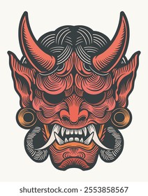 vector illustration outline color engraving japanese devil oni mask hanya mask face red