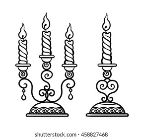 Vector illustration, outline, coloring book, set, candle in a candlestick, flame, hand-painting, abstraction, church