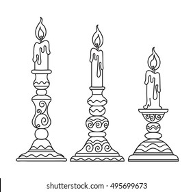 Vector illustration, outline, coloring book, set, candle in a candlestick, flame, hand-painting, abstraction, doodle