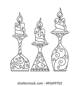 Vector illustration, outline, coloring book, set, candle in a candlestick, flame, hand-painting, abstraction, doodle style