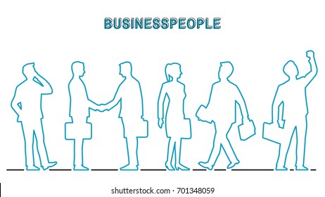 Vector illustration outline contour of businesspeople in various activities, businessman and businesswoman. Outline, line art, contour, hand drawn, doodle, silhouette, character, simple style.