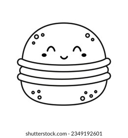 vector illustration of outline cute macaron icon isolated on white background, cartoon sticker, kawaii smiling food illustration, flat style