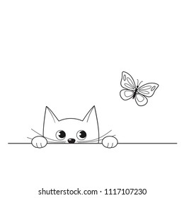 Vector illustration of outline cute peeking kitten watching a butterfly, isolated on white background 