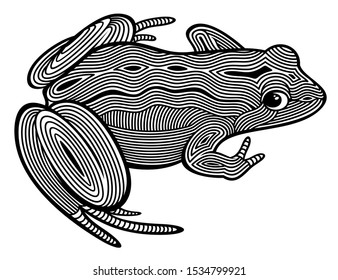 Vector illustration of outline, decorative, zentangle, stylized sitting frog in black color, isolated, on white background.