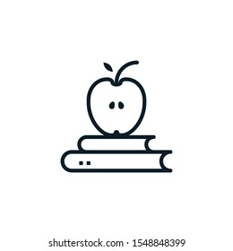 Vector illustration outline design of apple on book, knowledge icon. Editable stroke. Outline icons suitable for web, infographics, interface and apps.
