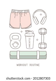 Vector illustration, outline drawing, fashion sketch. Exercise stuff. Strength training, weight loss, health, and body care. Sports shorts, headphones, kettlebell, shake bottle, dumbbell, exercise mat