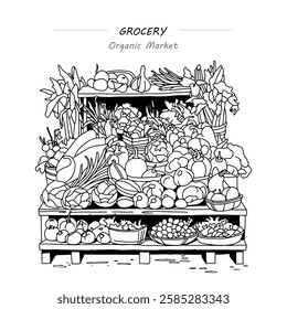 Ilustração vetorial, esboço de desenho, arte de linha, página de coloração, supermercado orgânico. Ilustração vetorial