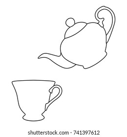 Vector illustration outline drawing of teapot and cup of tea icon isolated on white background. Tea party or afternoon tea. Line drawing