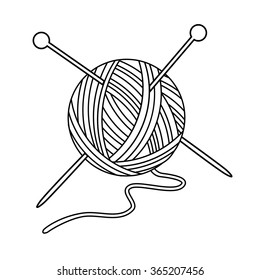 Vector illustration outline drawing yarn ball with crossed needles for knitting. Yarn ball icon