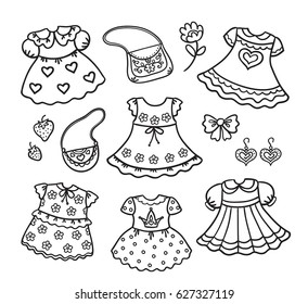 Vector, illustration, outline, dress, set, summer, girl, decoration, bow, flowers, bag, black and white illustration, coloring page for children