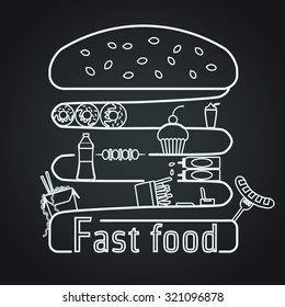Vector Illustration of Outline FastFood for Design, Website, Background, infographic, Banner. FAt Meal Food concept Template for Menu. Burger, soda and fry silhouette 